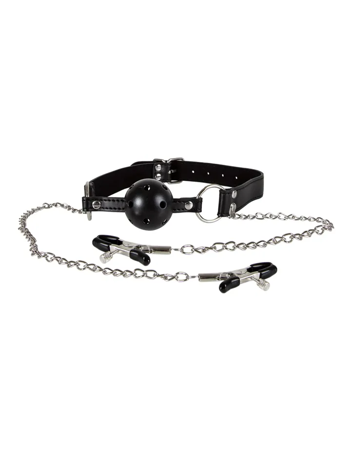 Diabolique Black Gag With Nipple Clamps - Gagball with chest clips 1 [full]