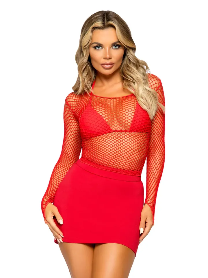 Elastane Long Sleeved Fishnet Shirt Red - Fishnet top 1 [full]