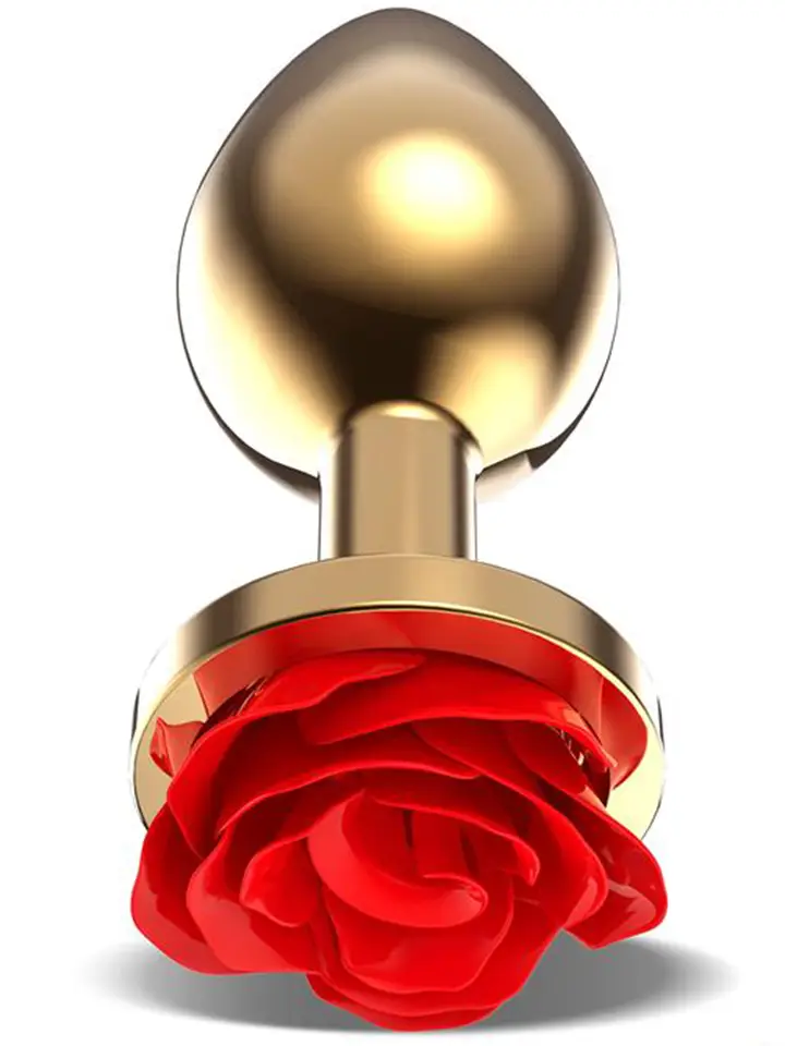 Golden Metal Anal Plug With Red Rose Medium - Anal plug metal 1