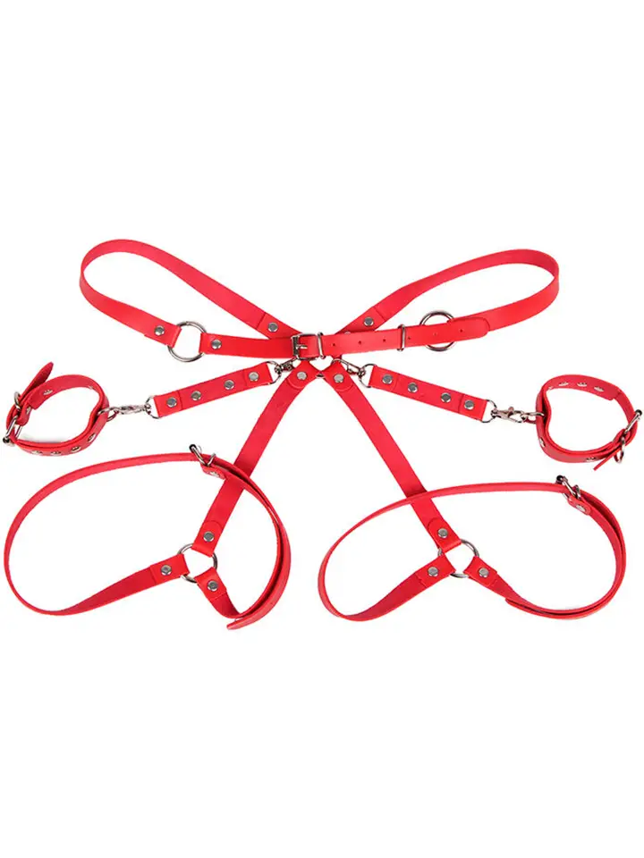 Handcuffs With Bondage Belt Red One Size - Thigh & wrist cuff set 4