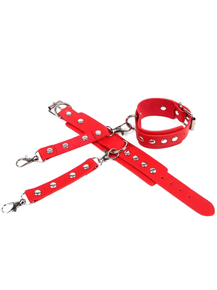 Handcuffs With Bondage Belt Red One Size - Thigh & wrist cuff set 5