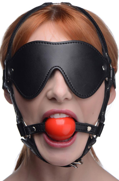 Kinky Adjustable Harness With Blindfold & Ball Gag - Gag with harness 2