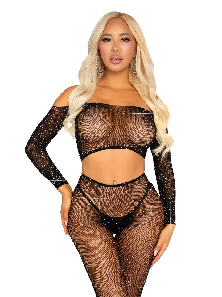 Rhinestone Fishnet Crop Top & Legging Black - Body & Playsuits 1 [full]