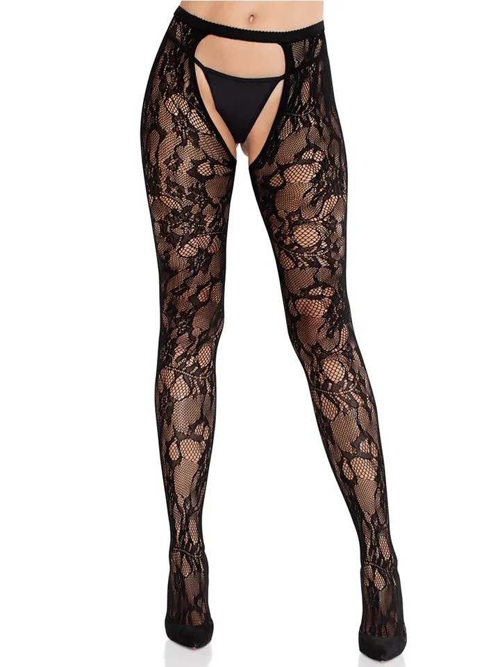 Rose Lace Crotchless Tights With Open Back Black - Stockings 1 [full]