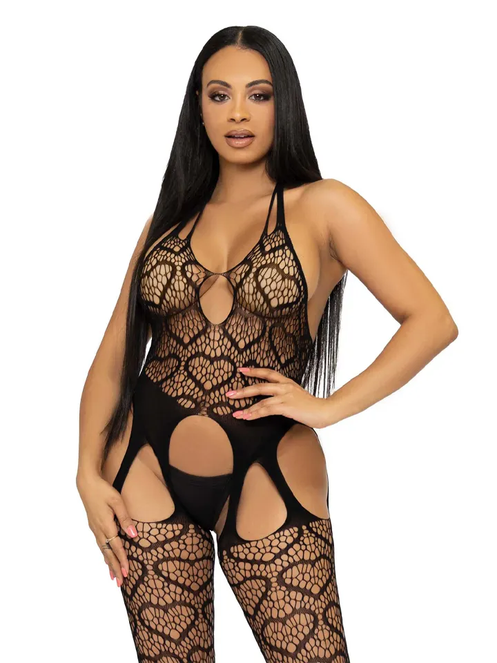 Seamless Heart Net Suspender Bodystocking Black - Bodystocking 1 [full]