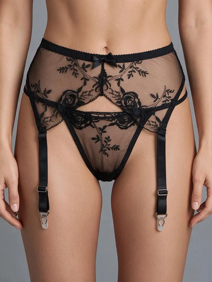 Sexy Embroidery Lace Garter Panty Black - Garter belt holder 1 [full]